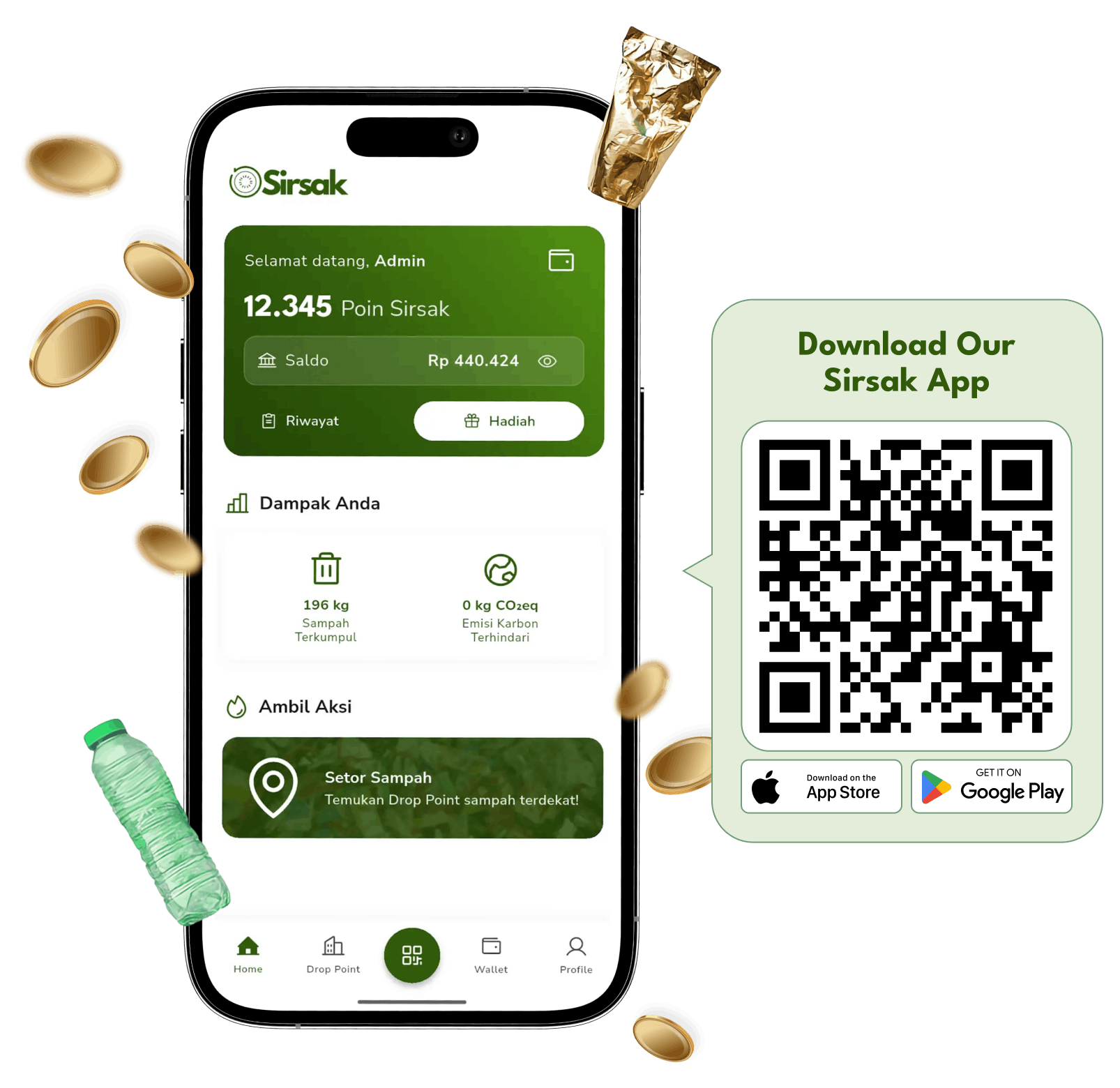 Sirsak app showing points balance, nearby QR redemption, and recyclable packaging